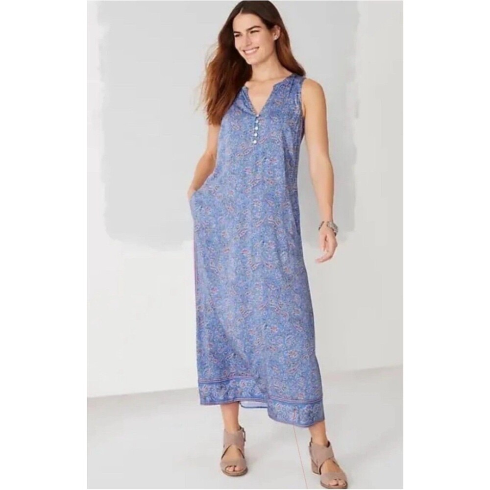 NWT$129 J.Jill Border Print Maxi Tank Dress Clear Blue Gentle Paisley Size 12